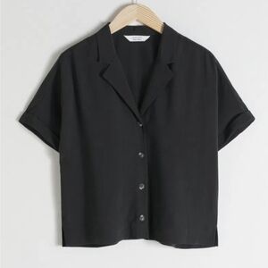 & Other Stories Black Notched Colar Button-Down Short Sleeve Blouse Top Size 0